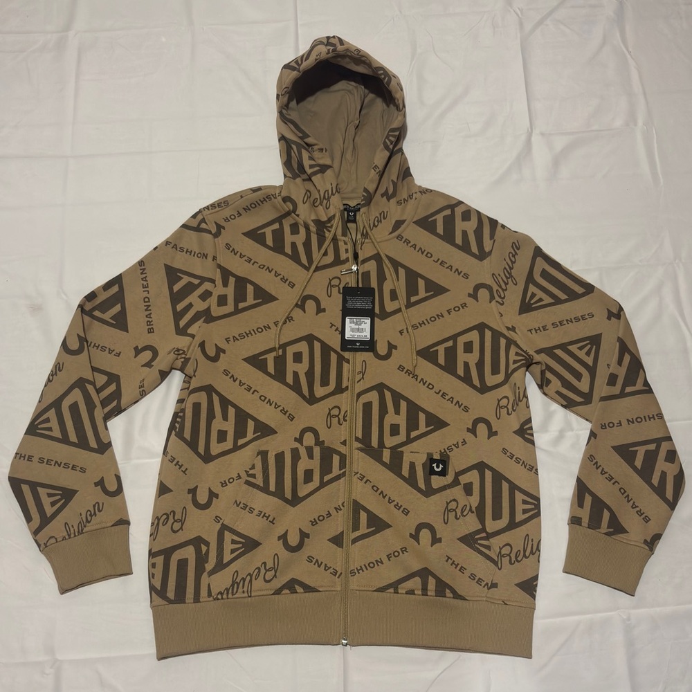 True Religion Diamond AOP Zip Hoodie Travertine Tan Logo Mens Large